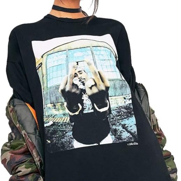 Tupac Womens 100% Cotton Black Graphic‎ Short Sleeve T-Shirt mini dress tunic 12 - Picture 1 of 7